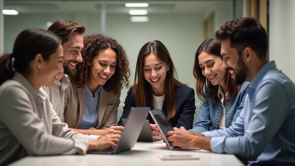 Equipa de designers testando navegação em múltiplos dispositivos durante sessão de feedback — computadores, tablets e smartphones em cima da mesa